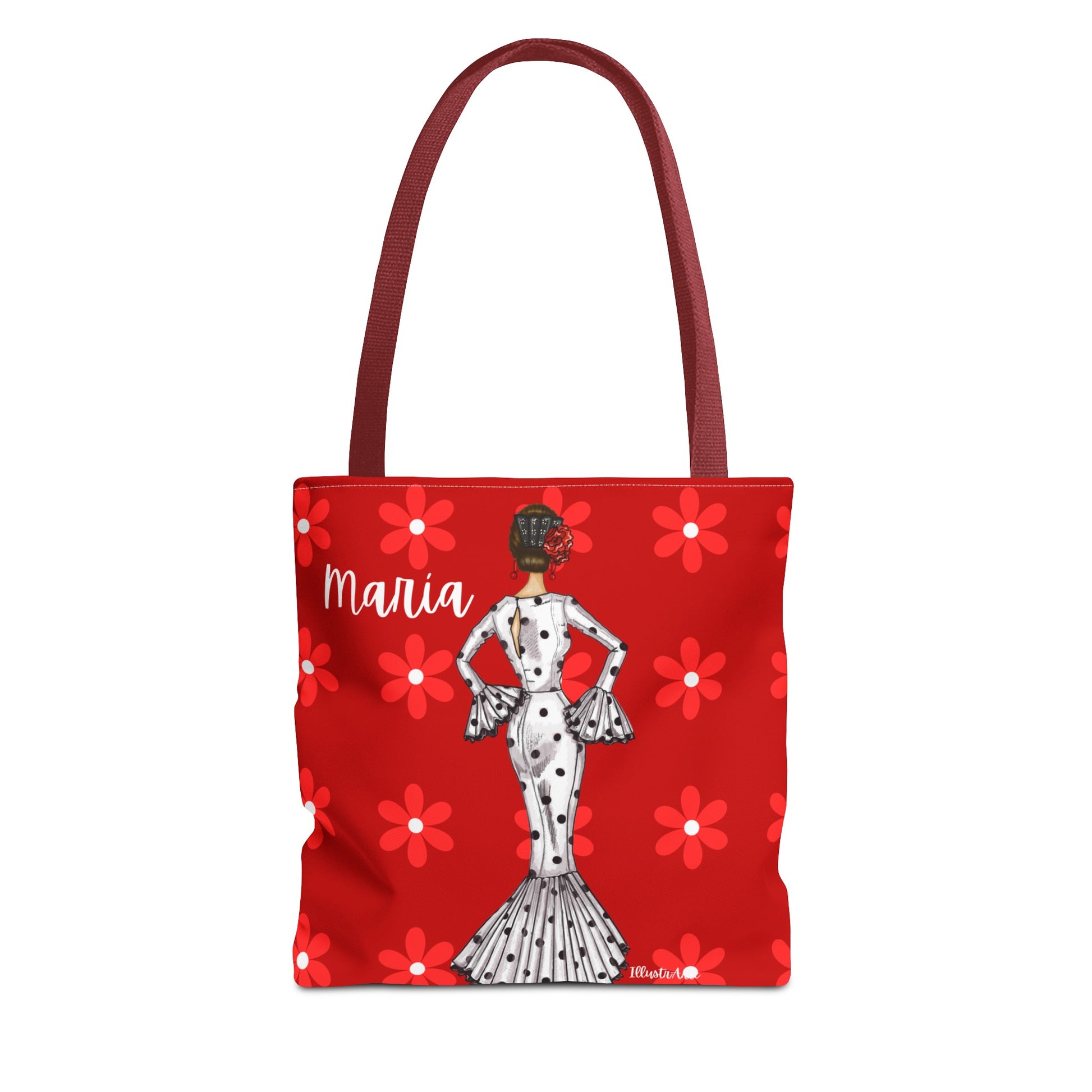 a red tote bag with a picture of a woman on it