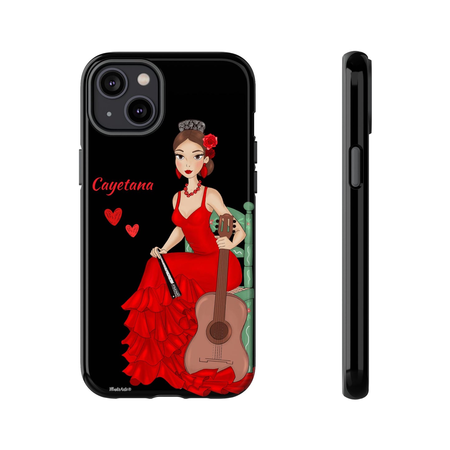 una funda de teléfono con una mujer en un vestido rojo sosteniendo una guitarra