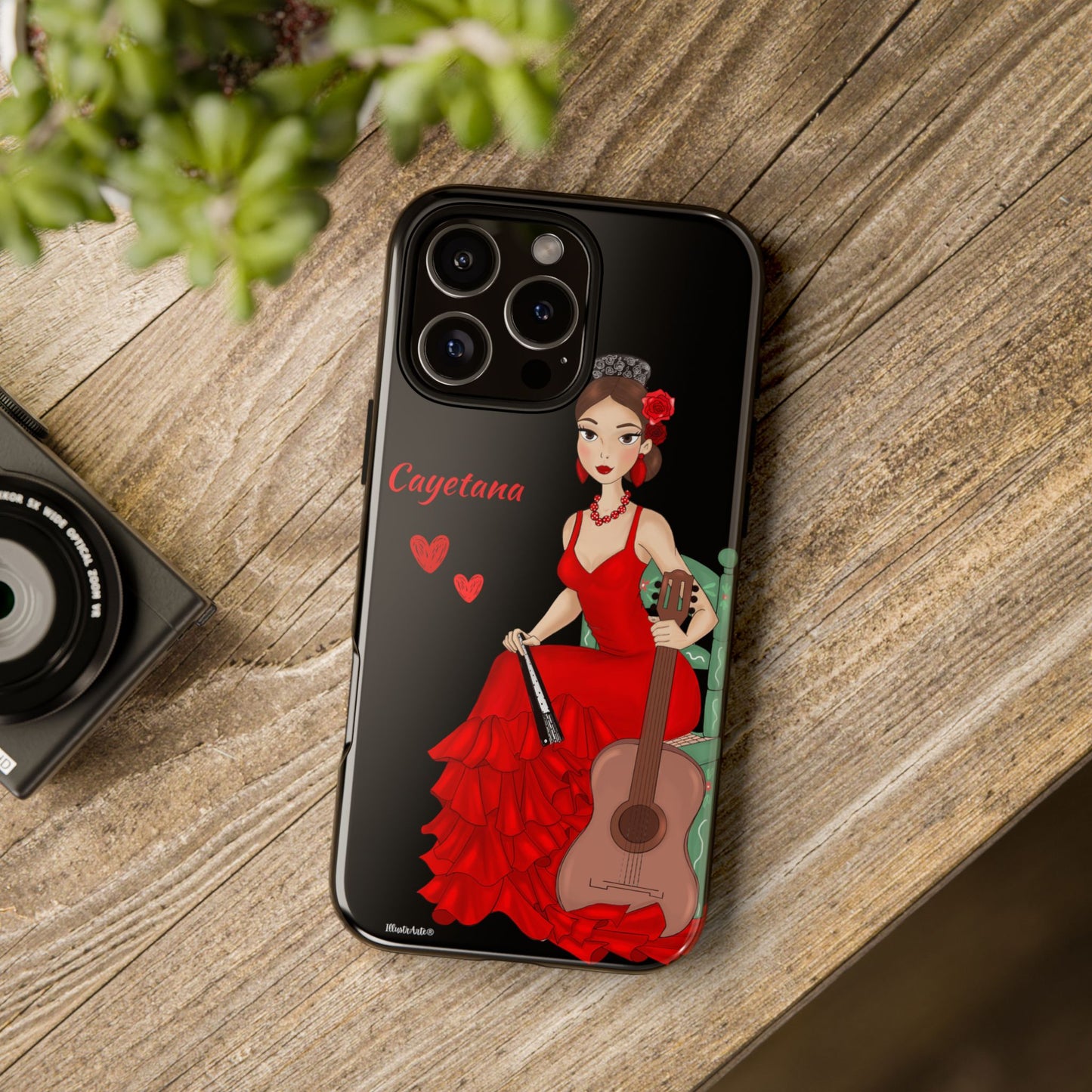 una funda de teléfono con una mujer en un vestido rojo sosteniendo una guitarra