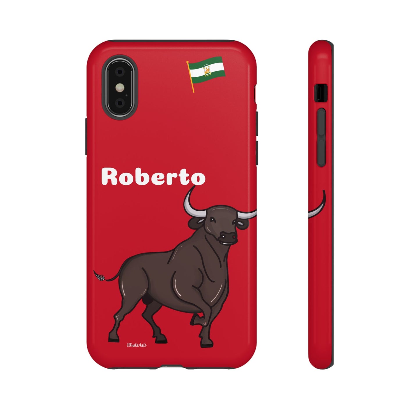 una funda de teléfono roja con un toro en ella