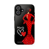 Funda de teléfono personalizable María rojo pelo oscuro fondo negro – para iPhone, Samsung, Pixel