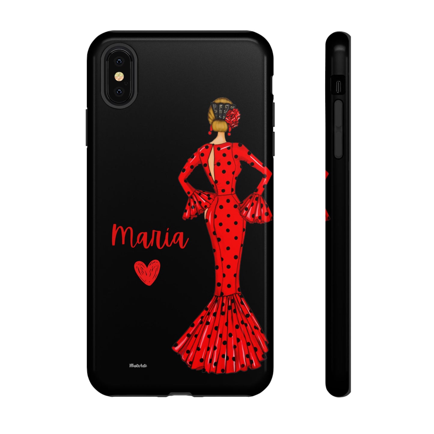 una funda de teléfono con una mujer en un vestido rojo