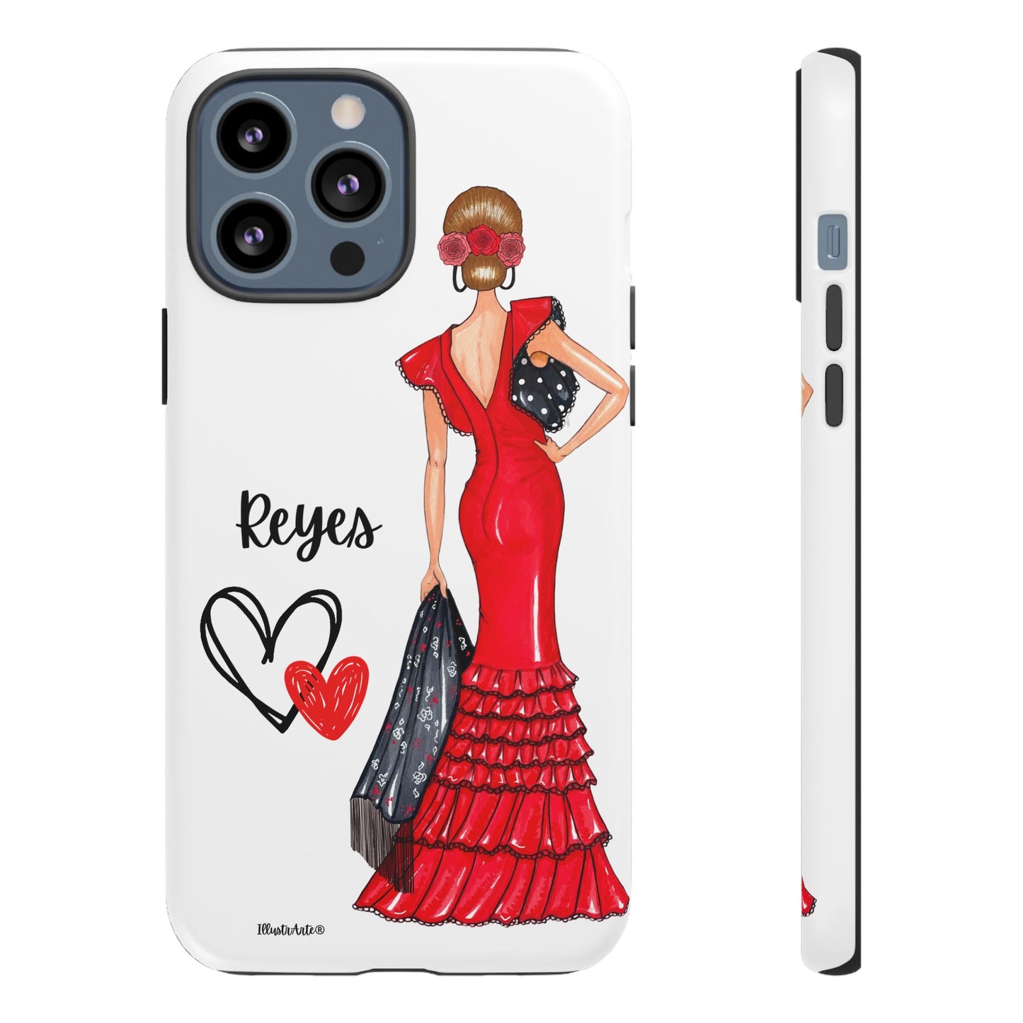 una funda de teléfono con una mujer en un vestido rojo