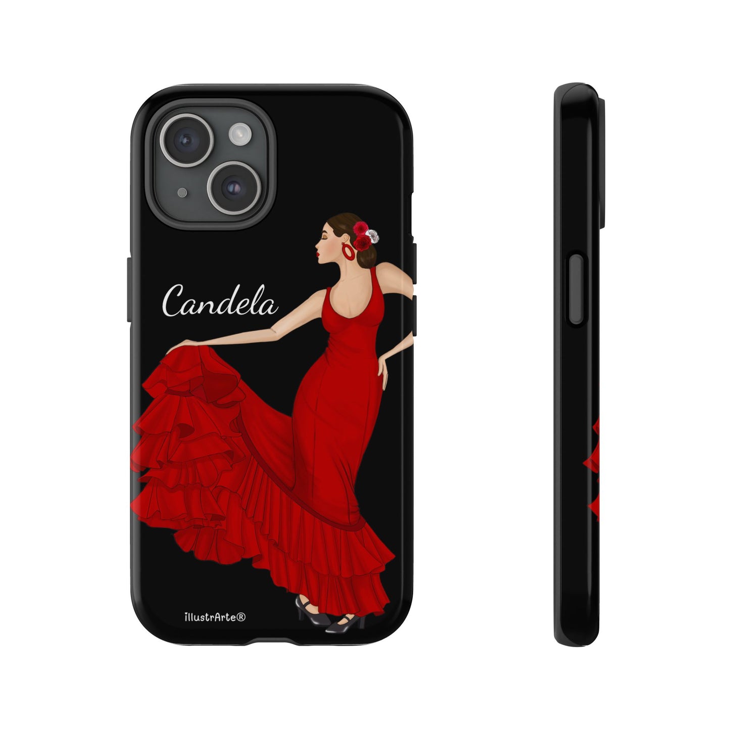 Capa de telefone personalizável. Modelo Candela com fundo preto. Para iPhone, Samsung Galaxy S e Google Pixel. 