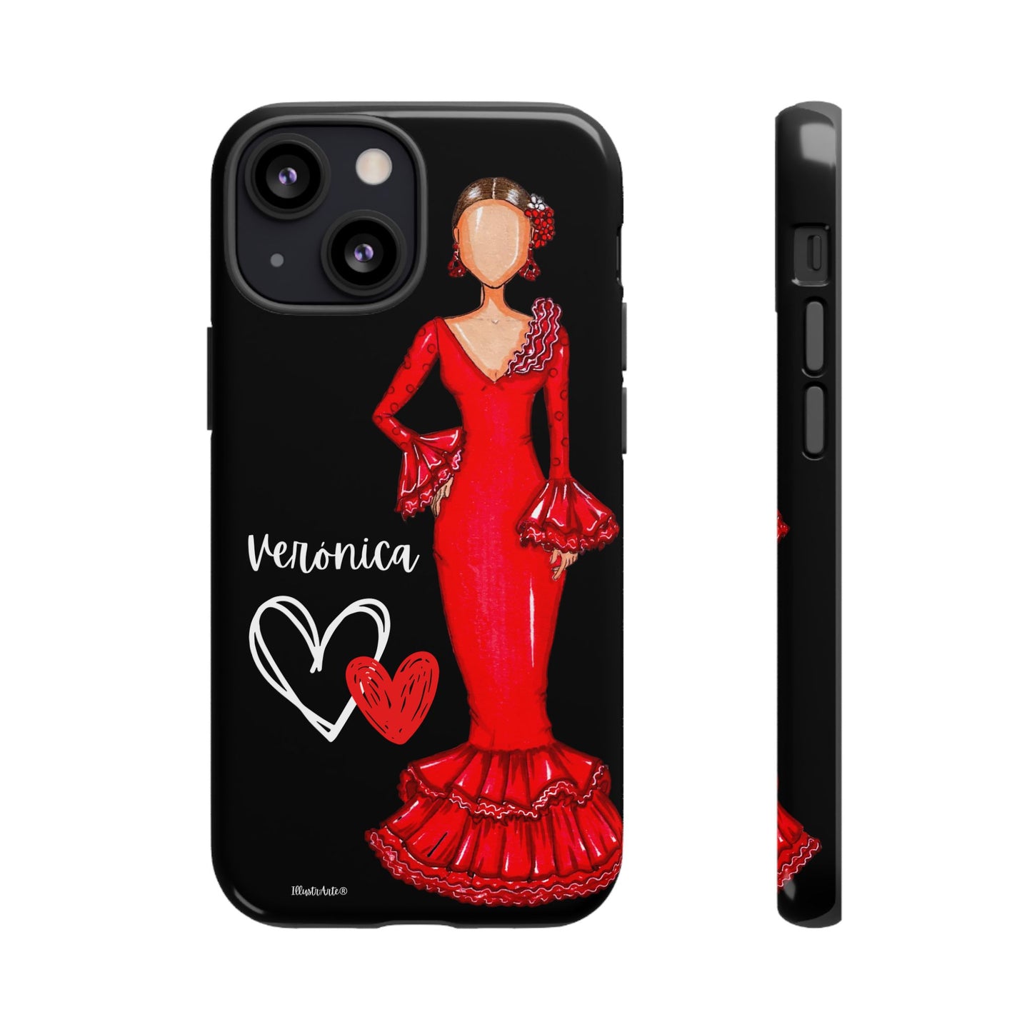 una funda de teléfono con una imagen de una mujer con un vestido rojo