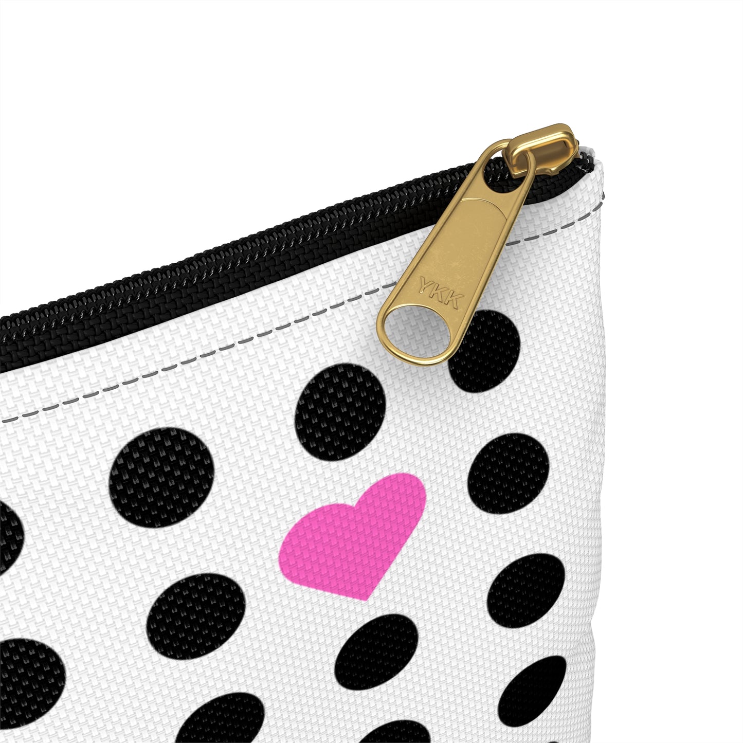 Flamenco Dancer Customizable Washbag, pink dress and pink hearts on a black polka dot design. - IllustrArte