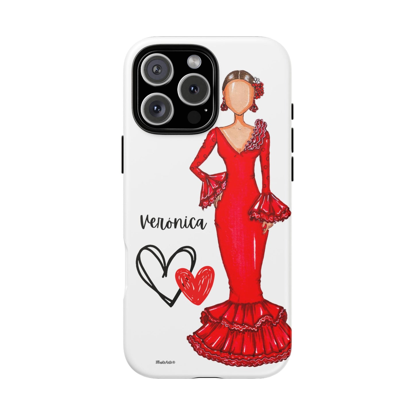 una funda de teléfono con una imagen de una mujer en un vestido rojo