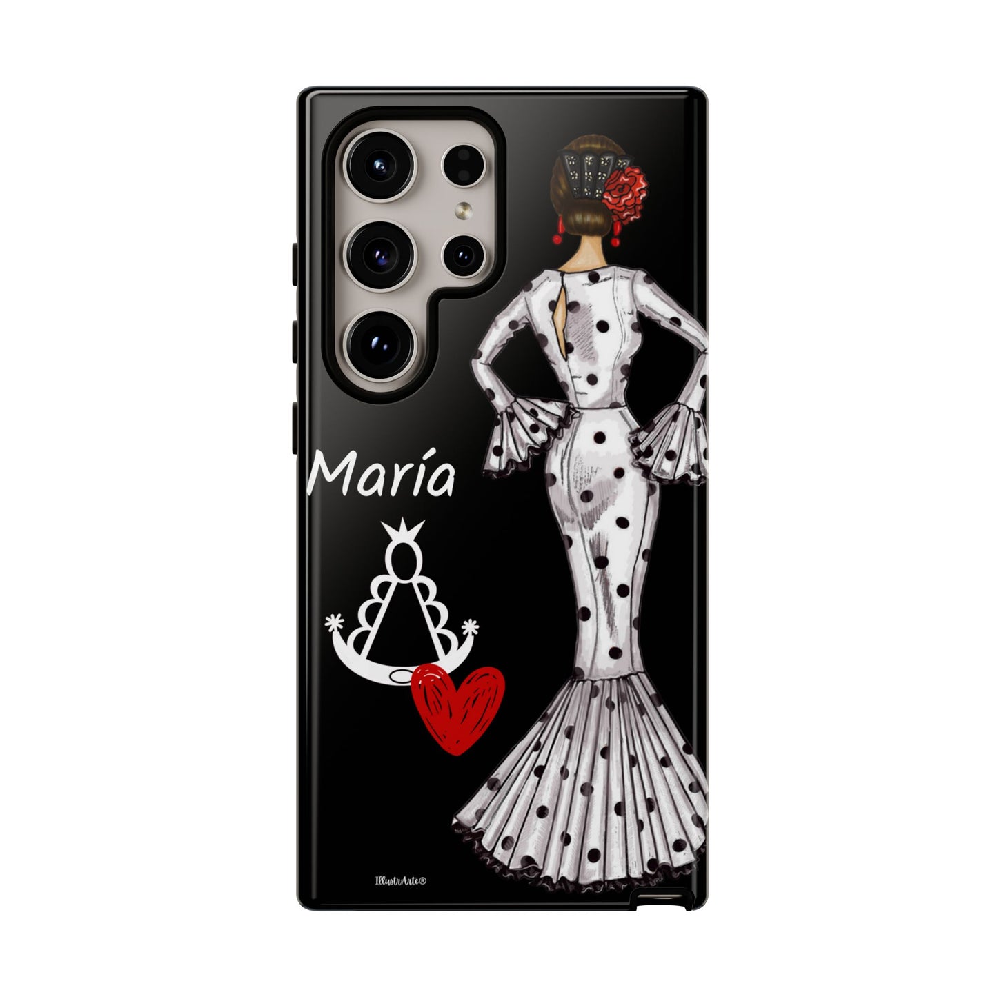 una funda de teléfono en blanco y negro con una imagen de una mujer en lunares