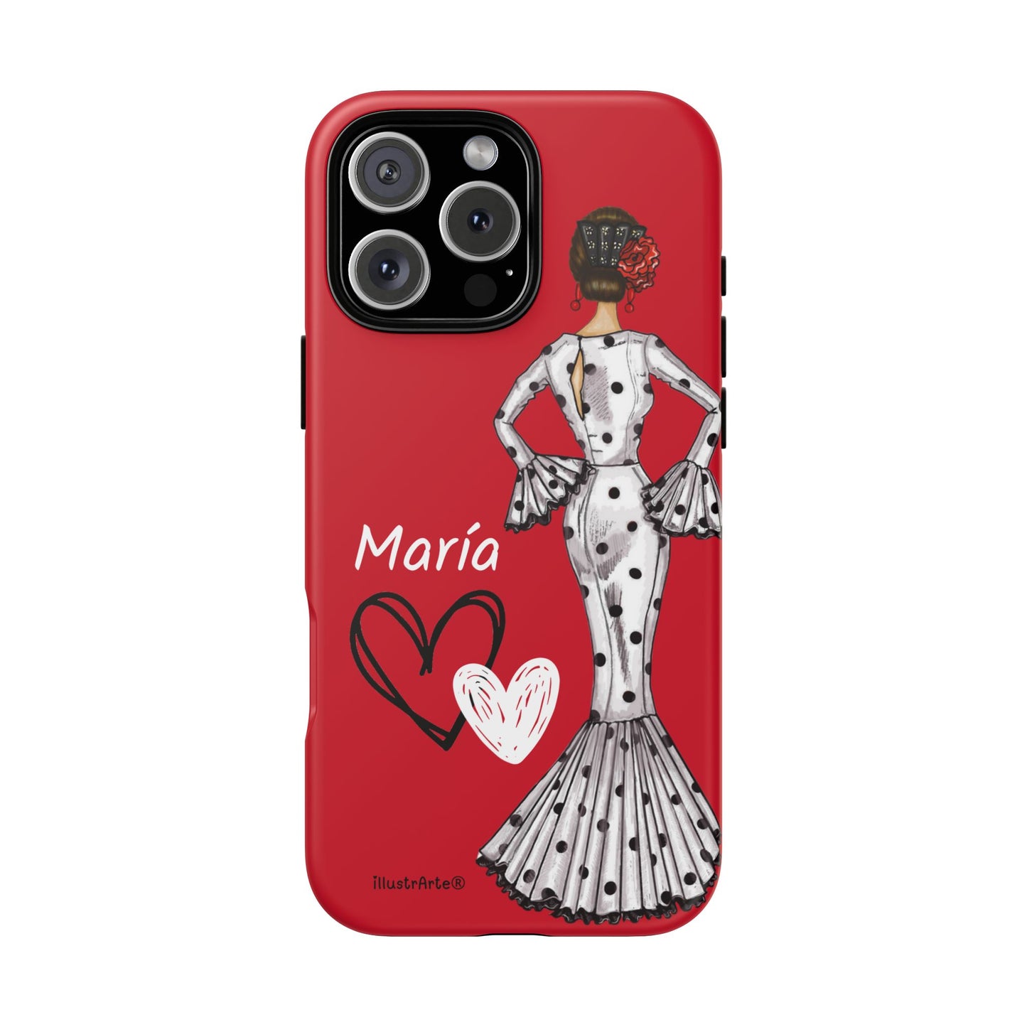 Personalized Maria phone case, white with red hearts background – for iPhone, Samsung, Pixel