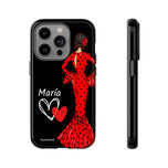 Personalised phone case flamenco dancer María, dark hair, red dress for iPhone 14 Pro, gloss finish – illustrArte