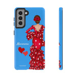 Personalised phone case flamenco dancer Macarena, blue background for Samsung Galaxy S21, gloss finish – illustrArte