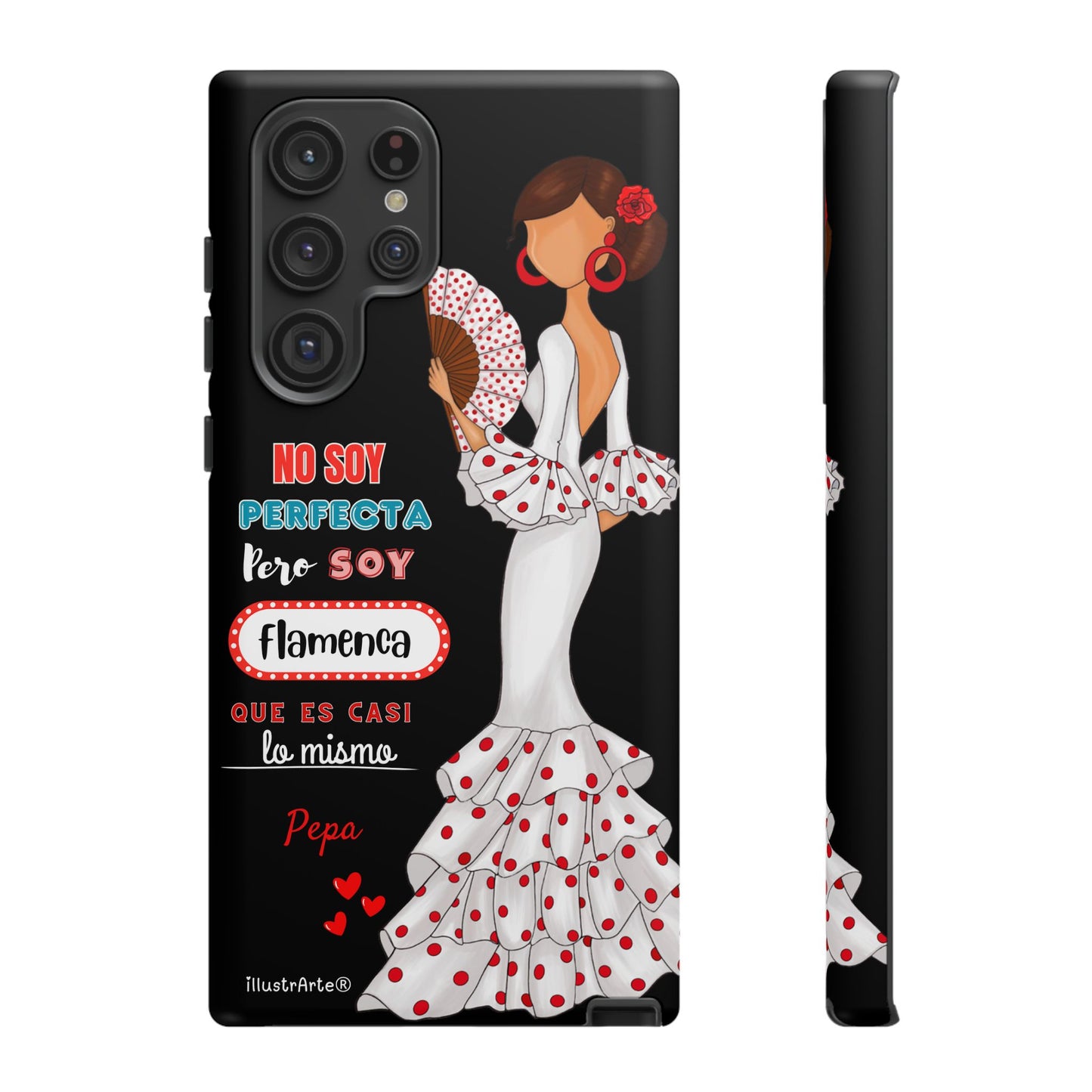 Funda de teléfono personalizable Pepa vestido blanco con frase – para iPhone, Samsung, Pixel