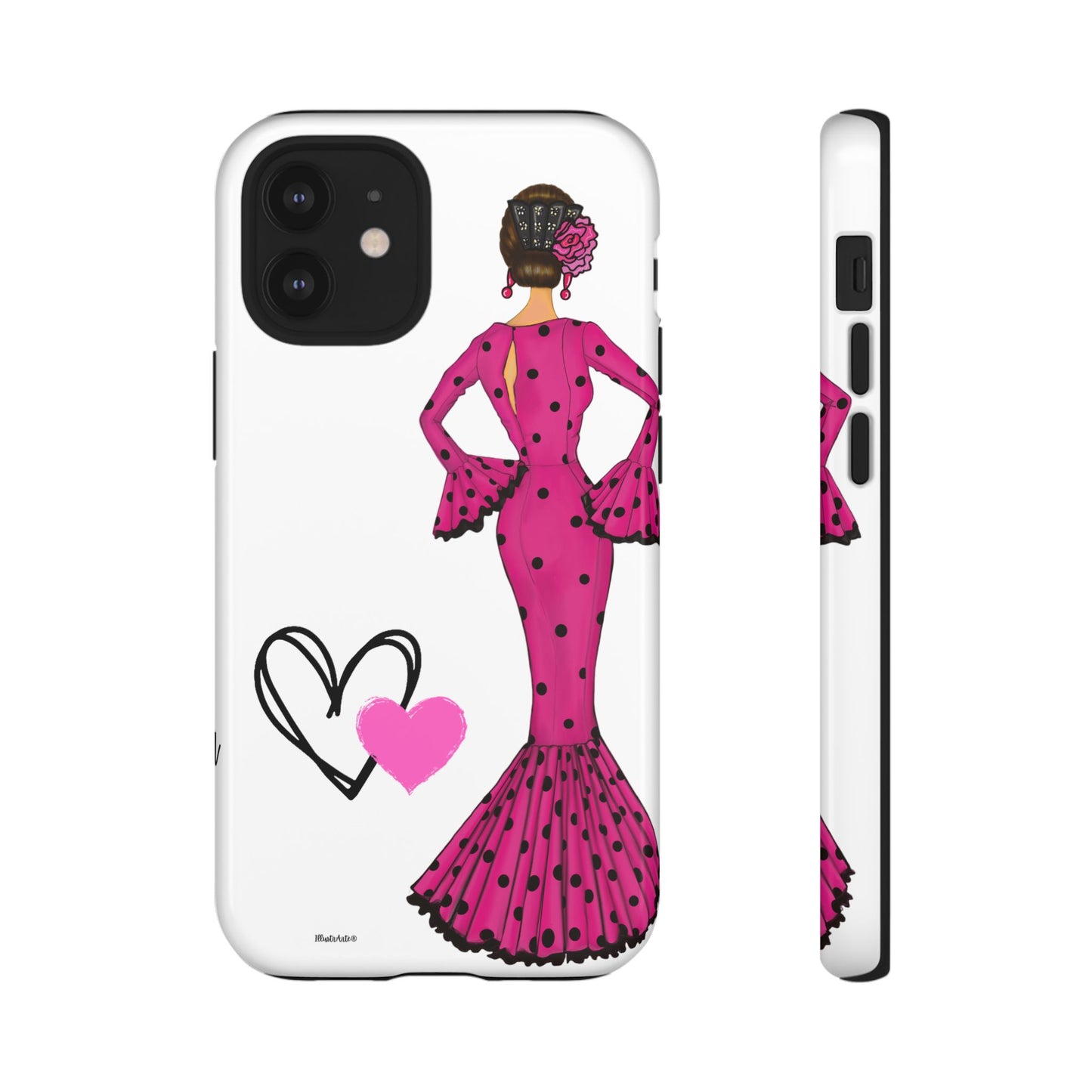 una funda de teléfono con una imagen de una mujer en un vestido rosa