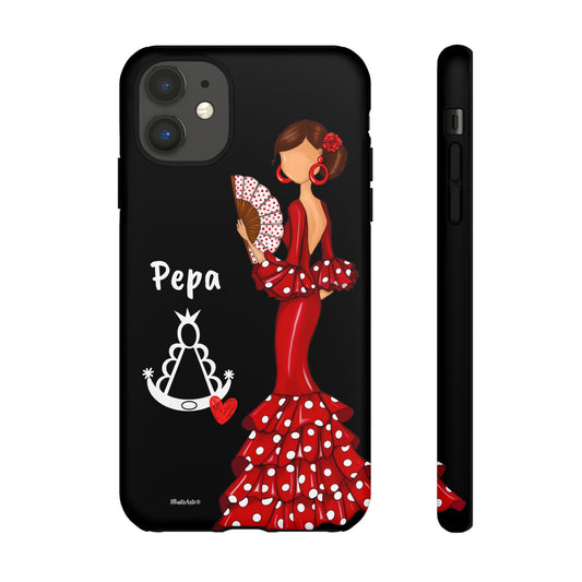 Personalized Pepa phone case on a black background with the Virgin Mary – for iPhone, Samsung, Pixel