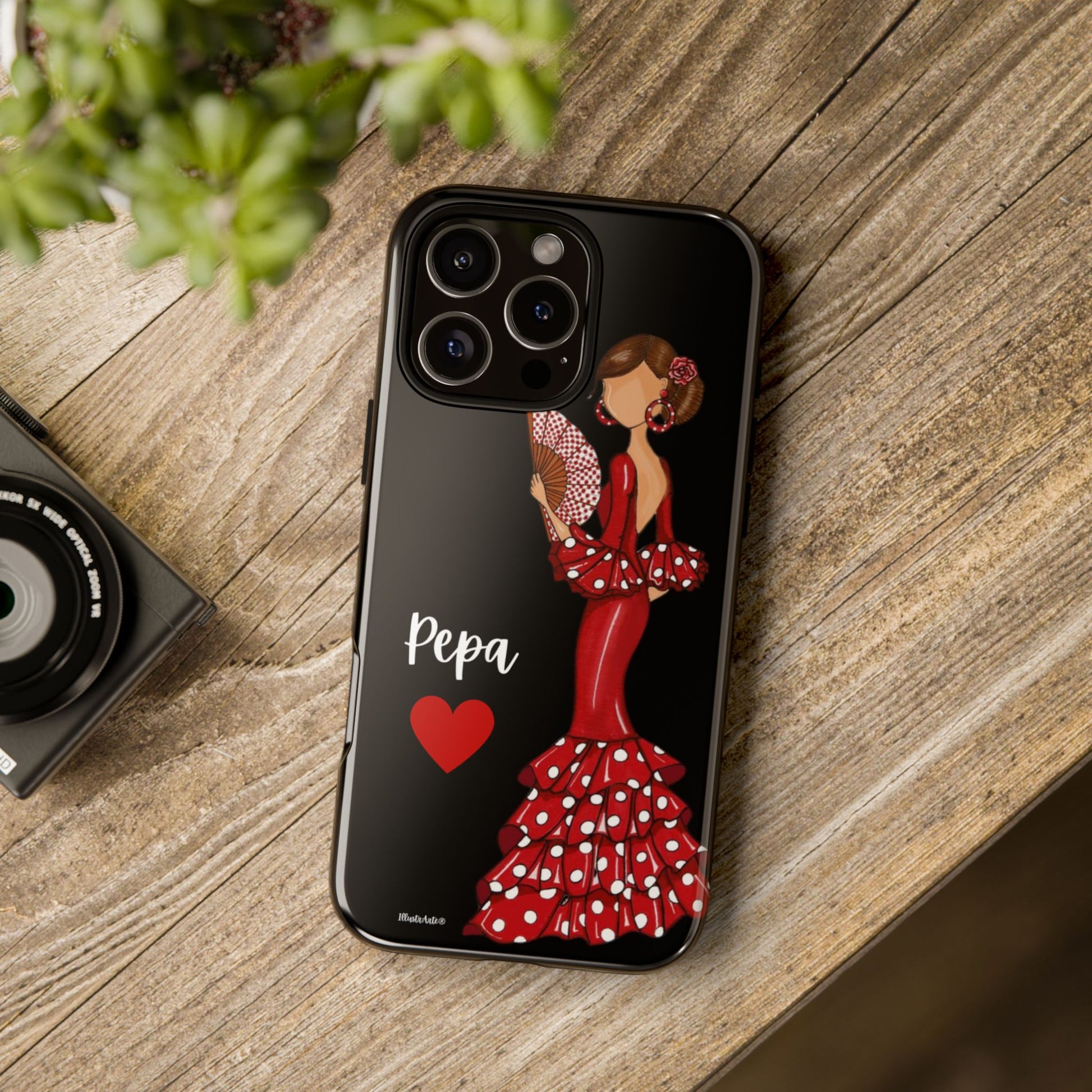 una funda de teléfono con una imagen de una mujer en un vestido rojo