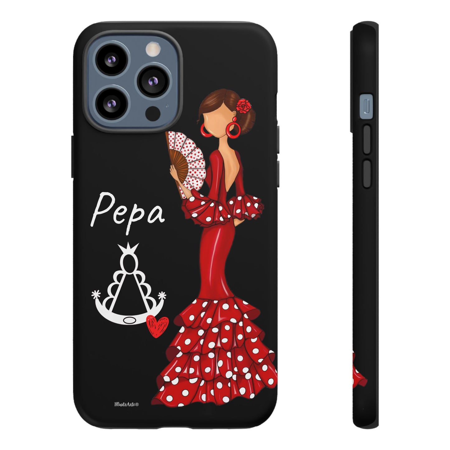 una funda de teléfono con una mujer en un vestido rojo