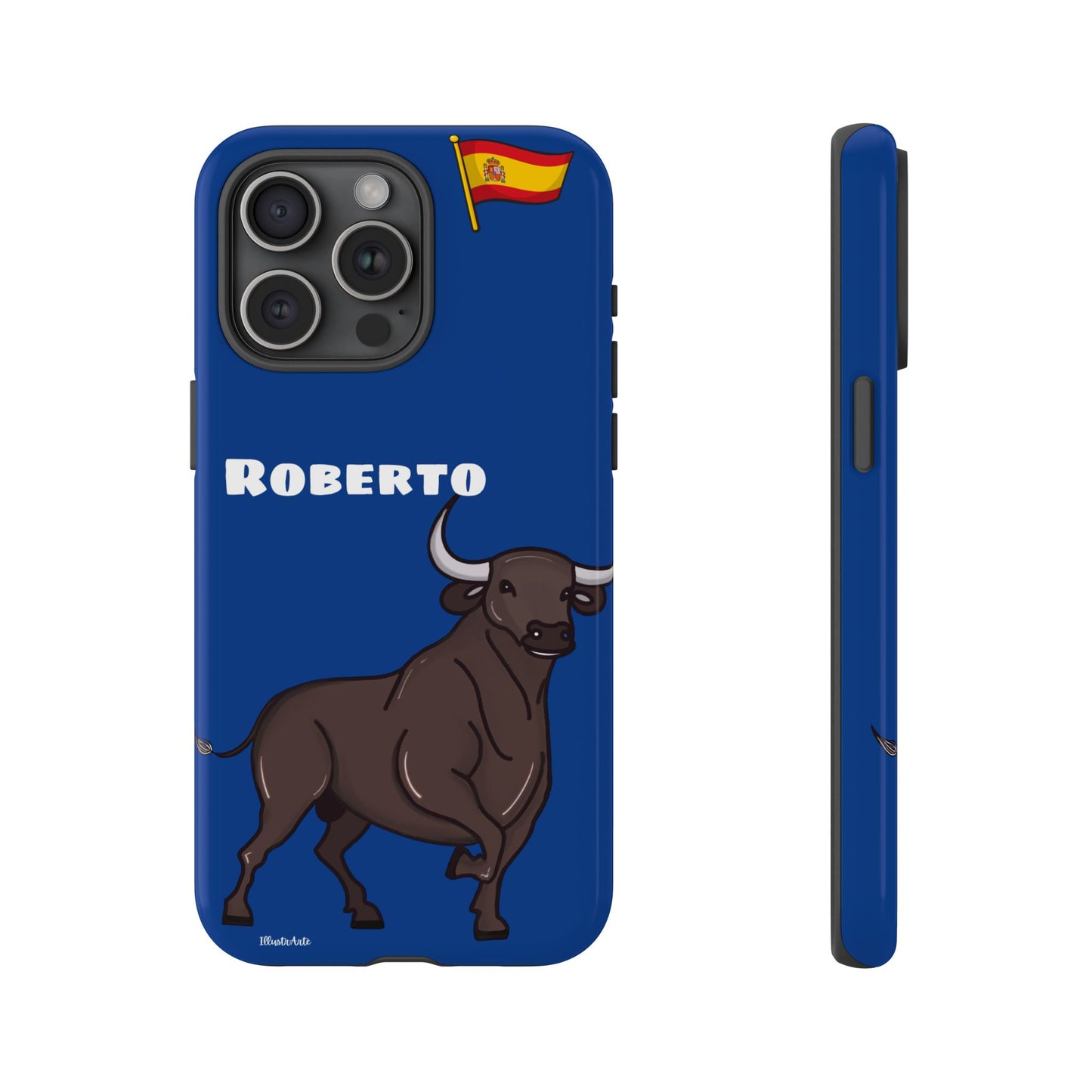 una funda de teléfono azul con un toro en ella