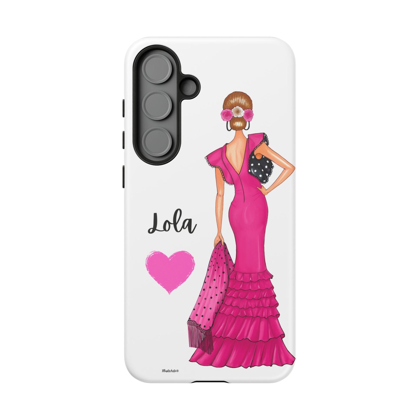 Funda de teléfono personalizable con nombre/bandera/Virgen - Modelo Manuela vestido rosa que refleja un estilo personal.