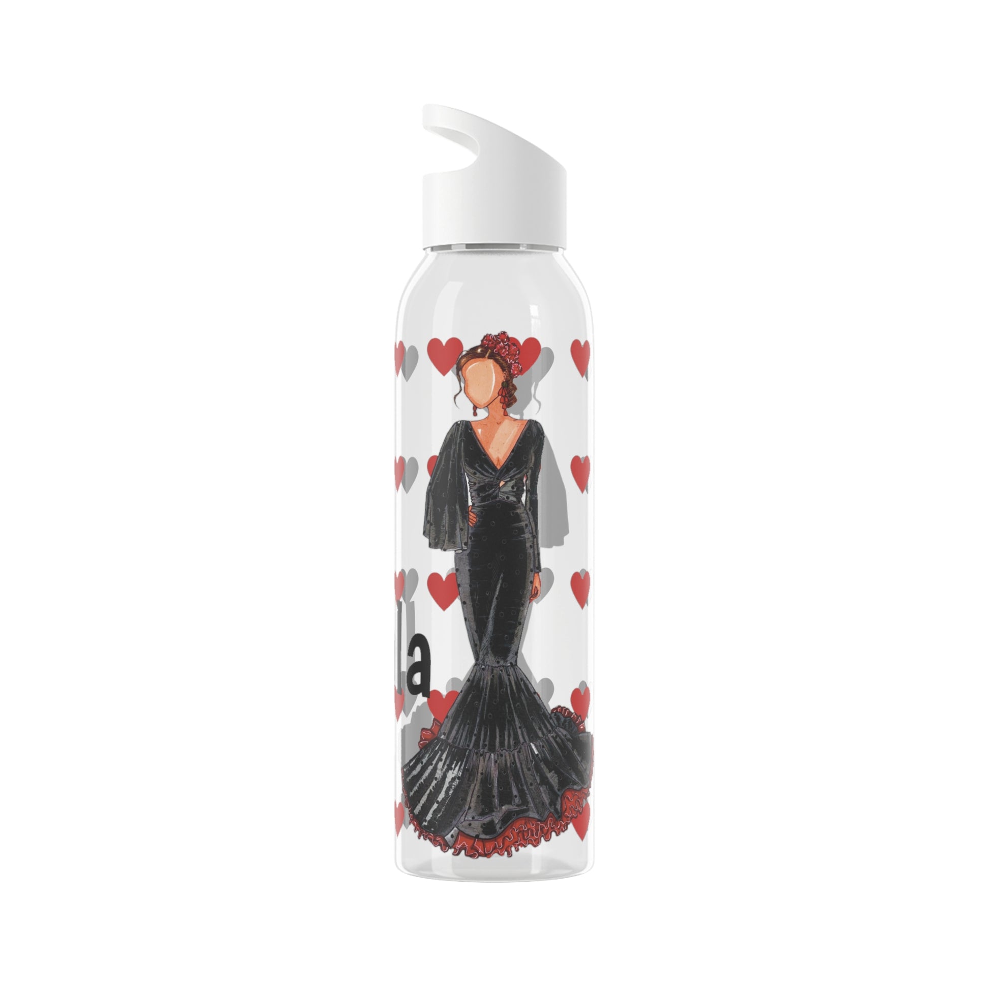 Flamenco Dancer 22 Oz/650ml Eastman Tritan™ Single wall bottle, black dress with red hearts design. - IllustrArte