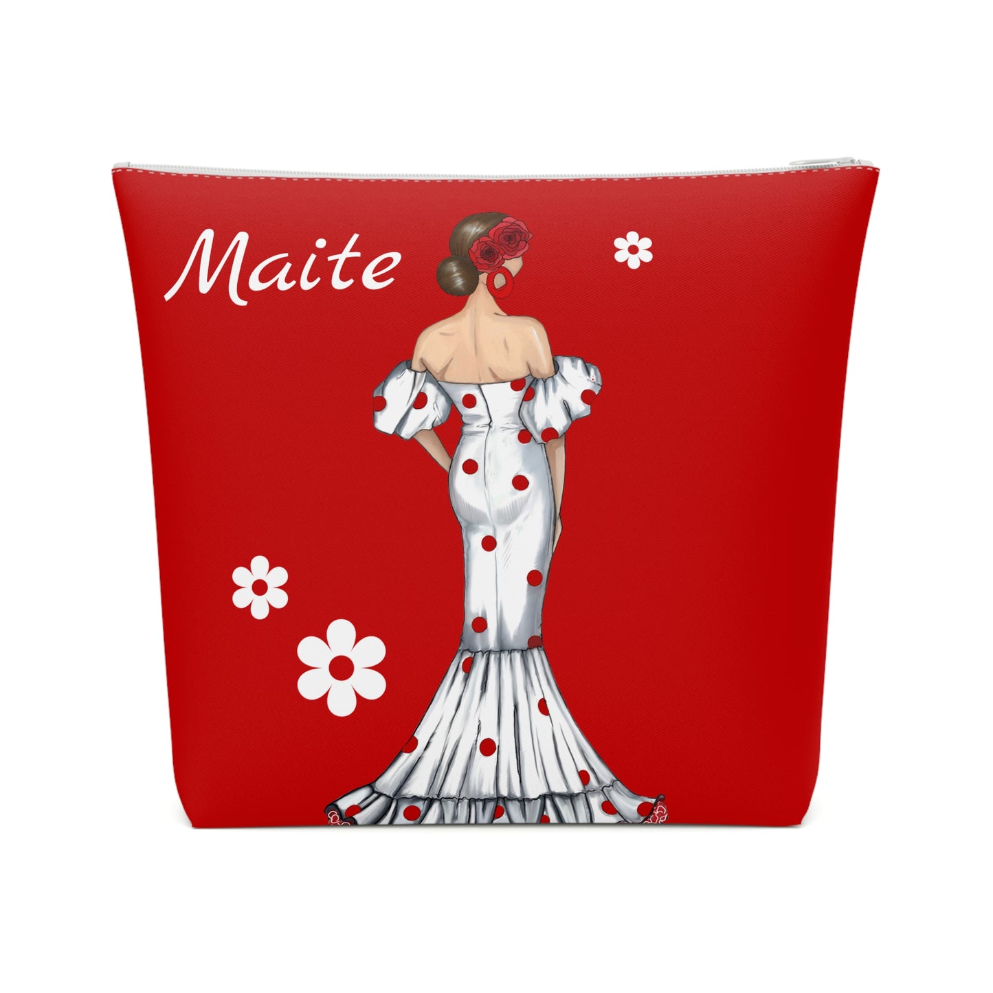 a red purse with a picture of a woman in a dress