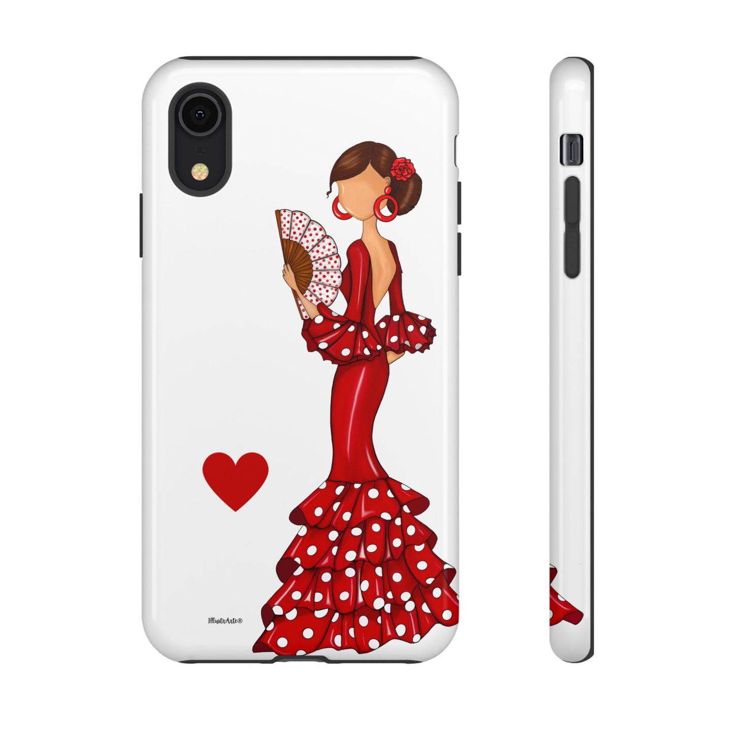 una funda de teléfono con una mujer en un vestido rojo sosteniendo un abanico