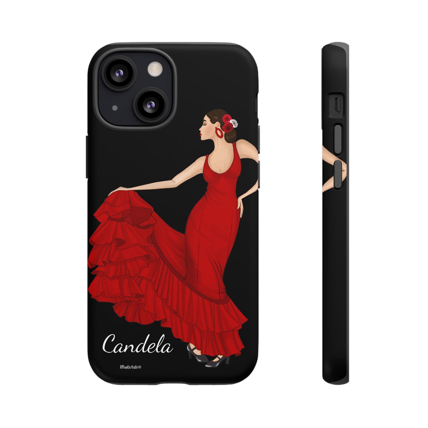 una funda de teléfono con una imagen de una mujer en un vestido rojo