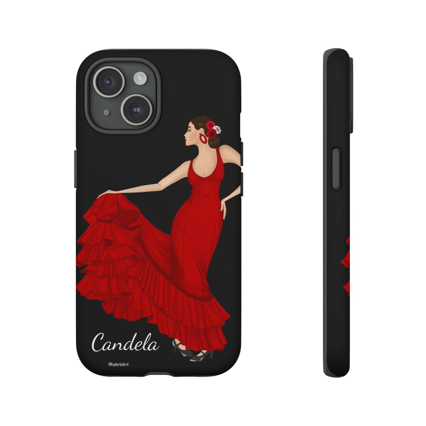 una funda de teléfono con una mujer en un vestido rojo