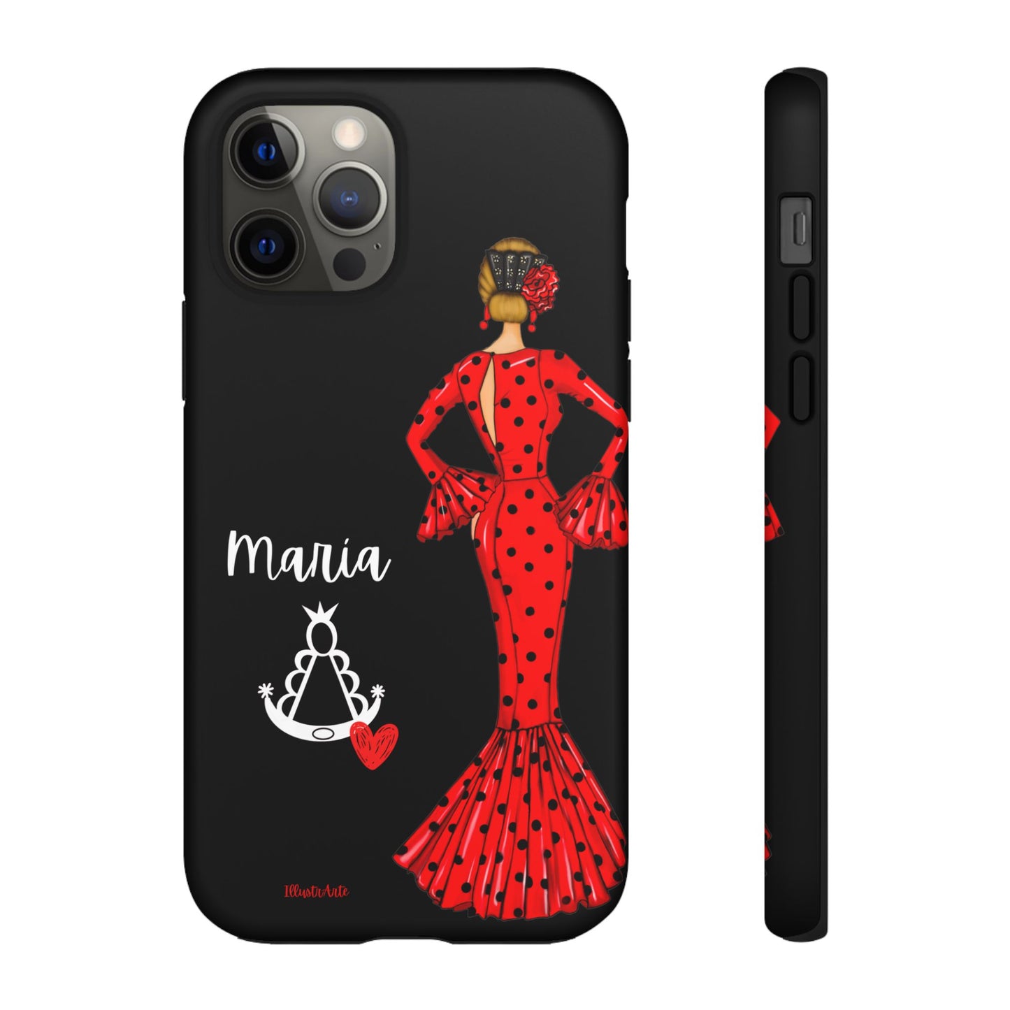 una funda de teléfono con una mujer en un vestido rojo