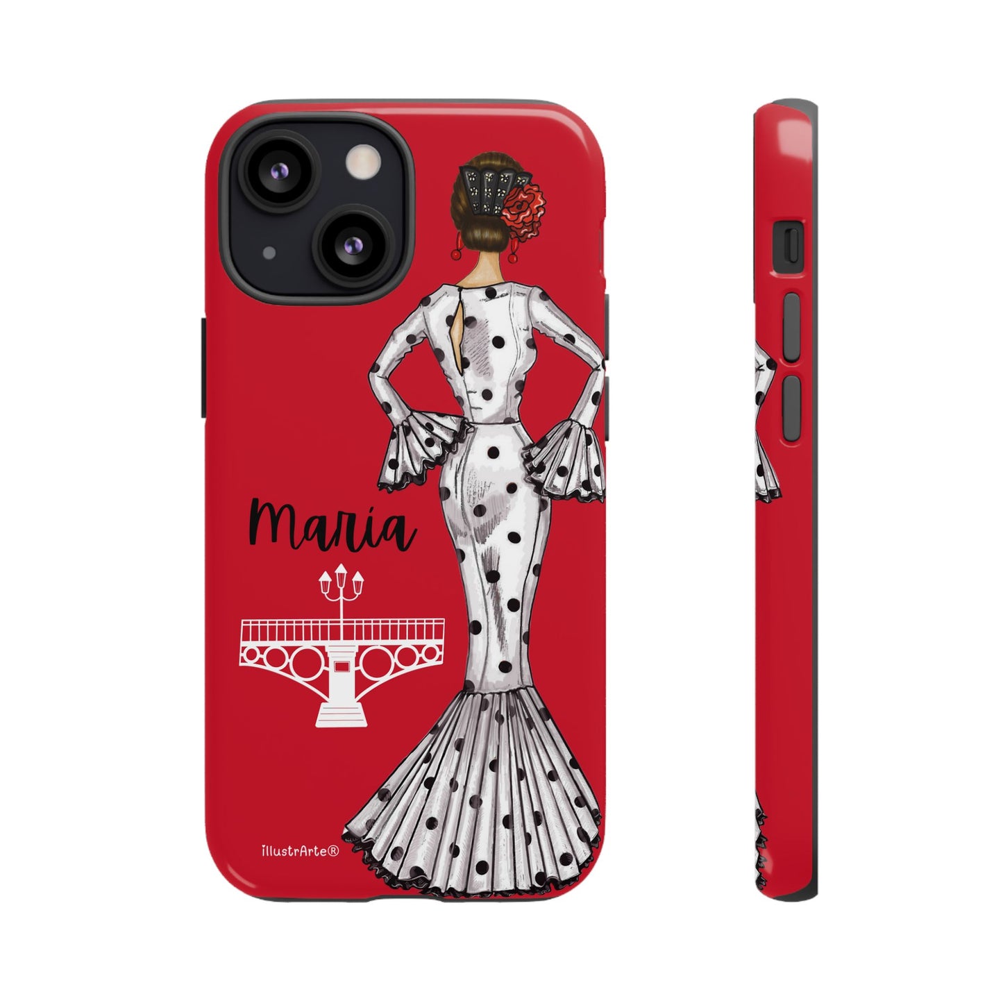 Modelo de la funda de teléfono personalizable, diseño de la flamenca María, perfecta para iPhone y Samsung.