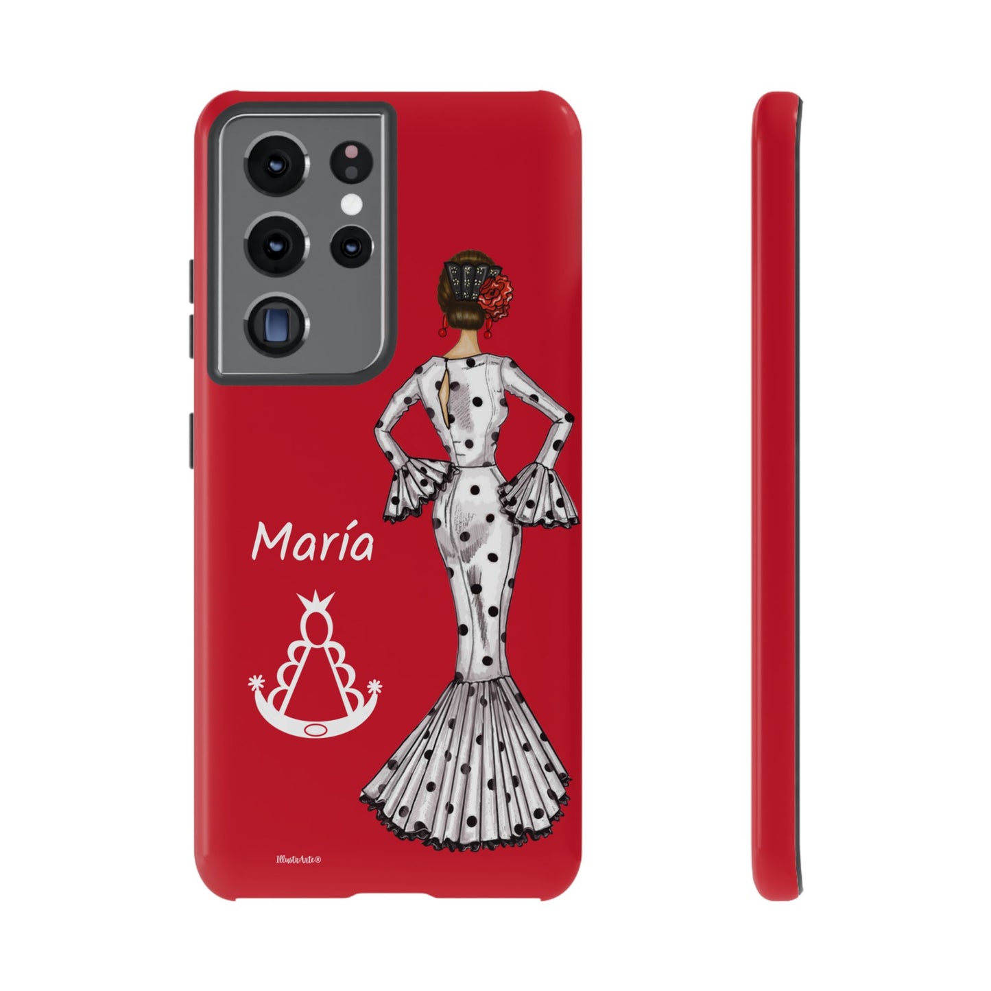 una funda de teléfono roja con una imagen de una mujer en un vestido