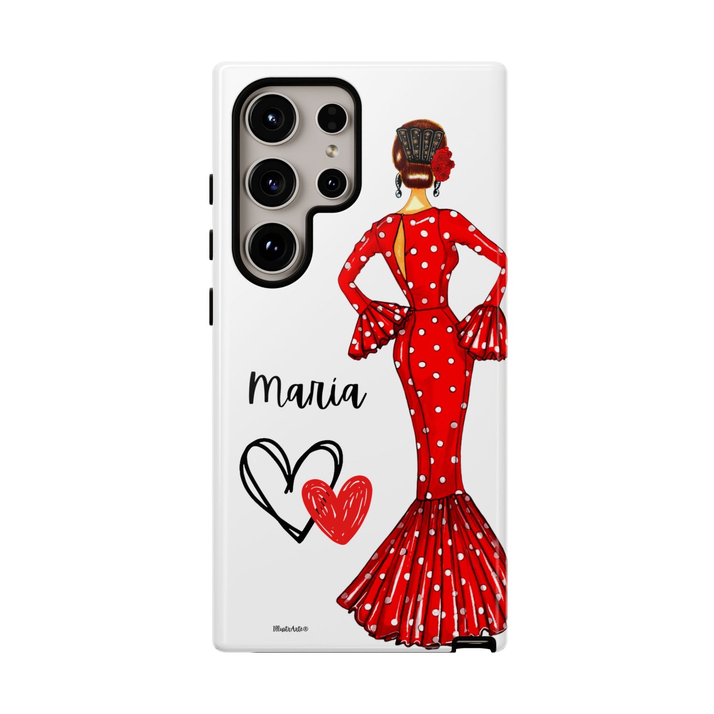 una funda de teléfono con una mujer en un vestido rojo