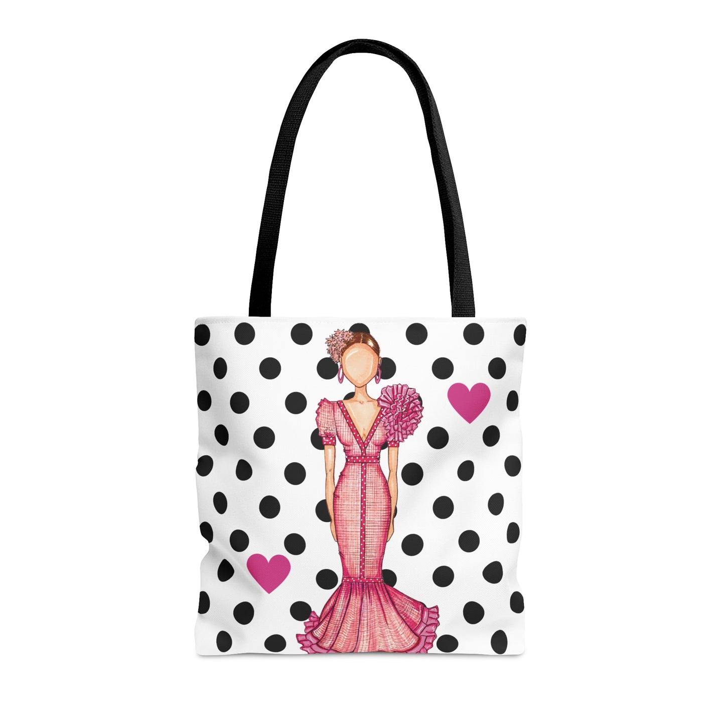 a tote bag with a picture of a woman in a pink dress