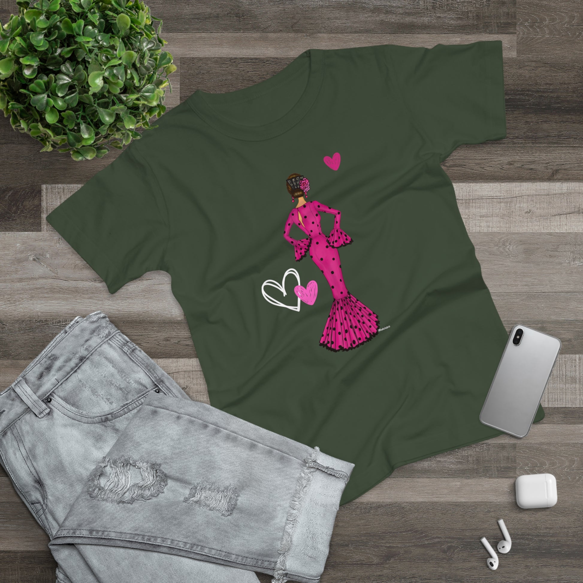 a t - shirt with a woman in a pink dress