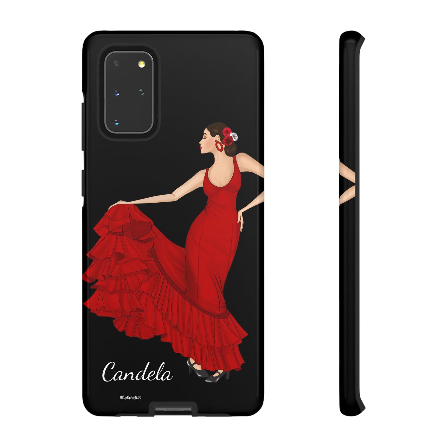 una funda de teléfono con una mujer en un vestido rojo