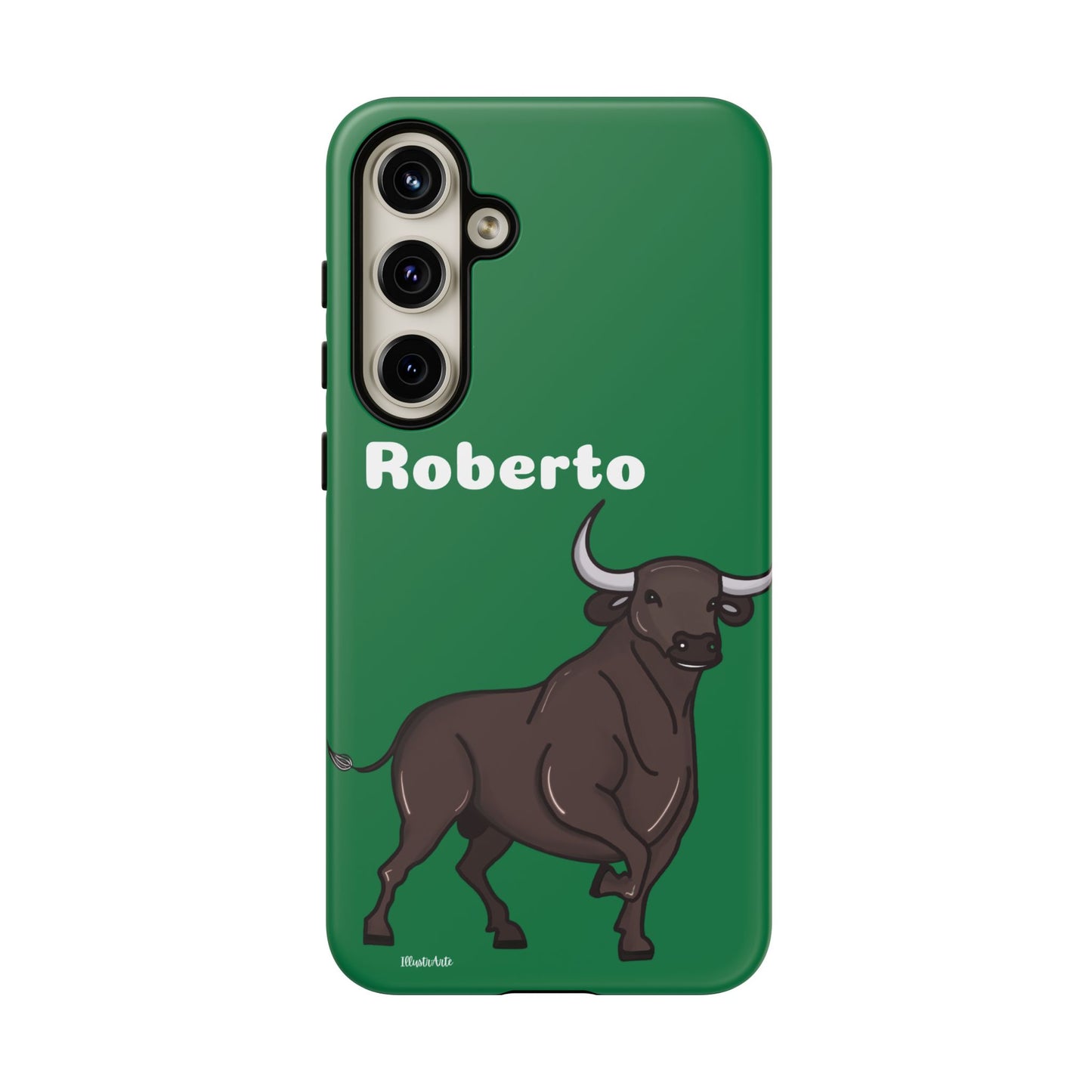 una funda de teléfono verde con un toro en ella