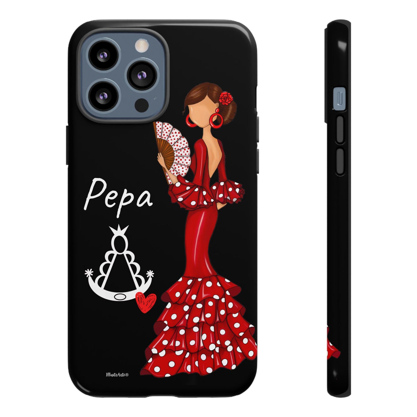 una funda de teléfono con una mujer en un vestido rojo