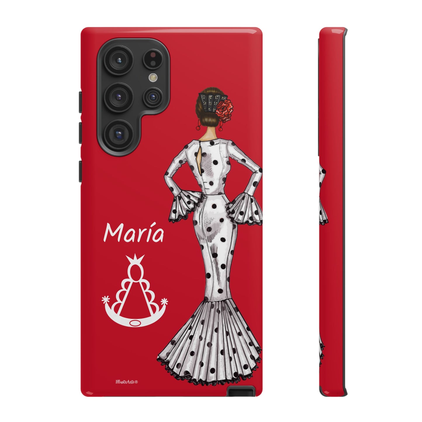 una funda de teléfono roja con una imagen de una mujer en un vestido