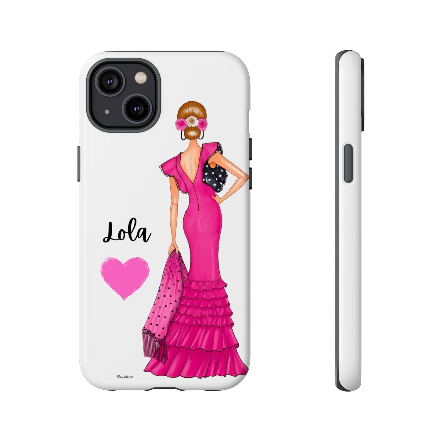 una funda para teléfono con una mujer en un vestido rosa