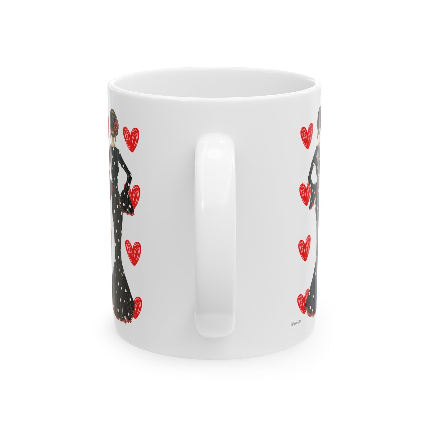 a white coffee mug with a black cat and red hearts on it