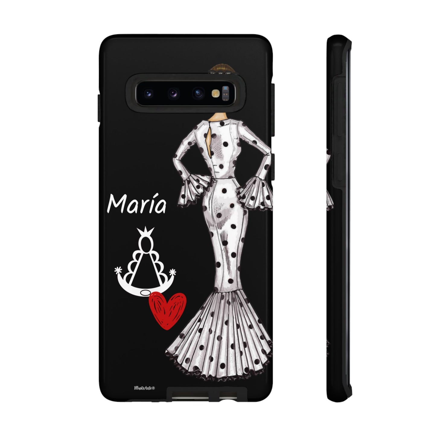 una funda de teléfono con una mujer en un vestido