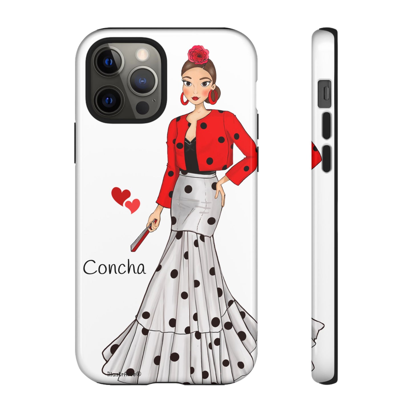 Funda para teléfono personalizable con nombre y bandera, modelo Conchita que combina estilo y protección para iPhone, Samsung y Google Pixel.