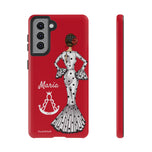 Personalised phone case flamenco dancer María Blanco, red background, with the Virgen del Rocío for Samsung Galaxy S21, gloss finish – illustrArte