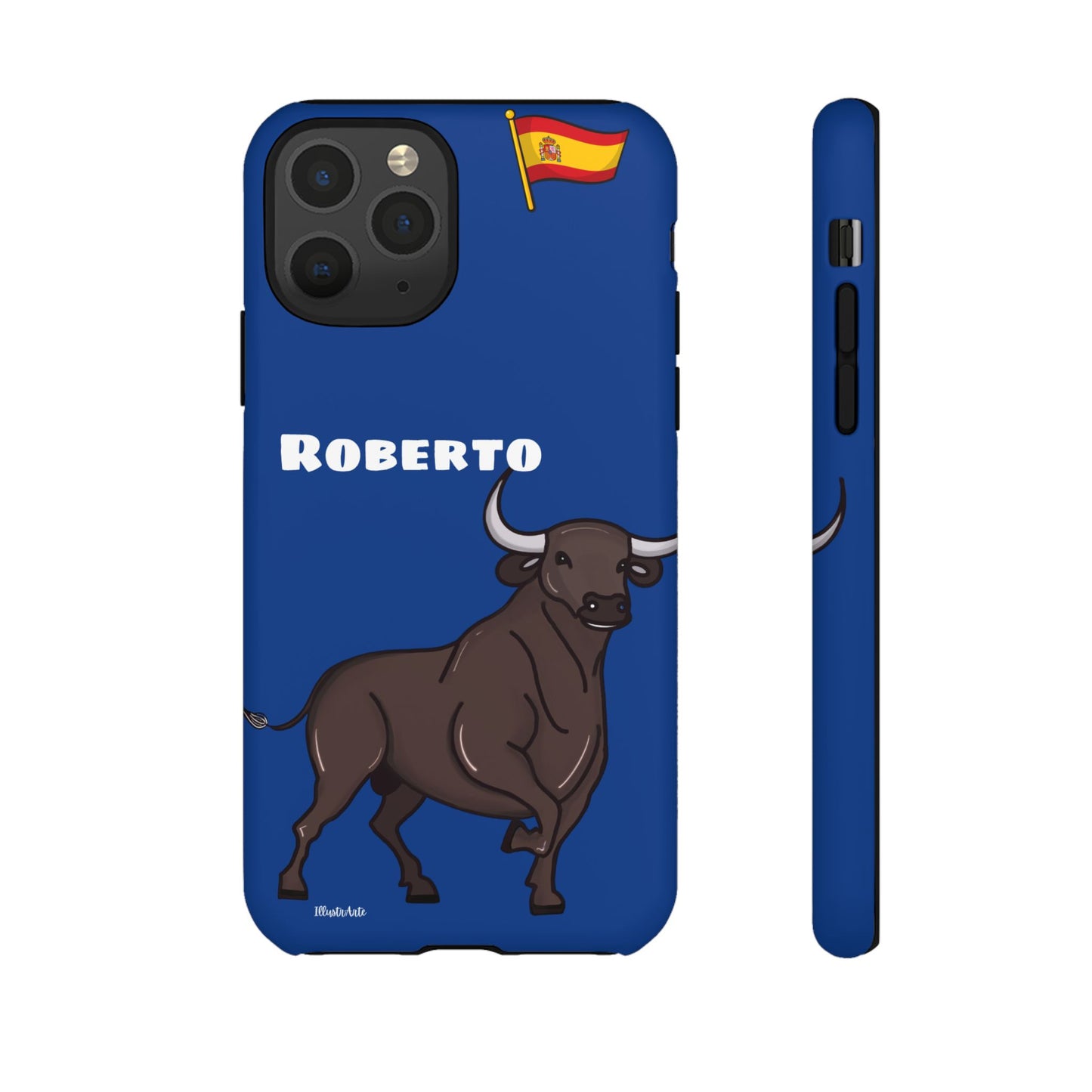 una funda de teléfono azul con un toro en ella