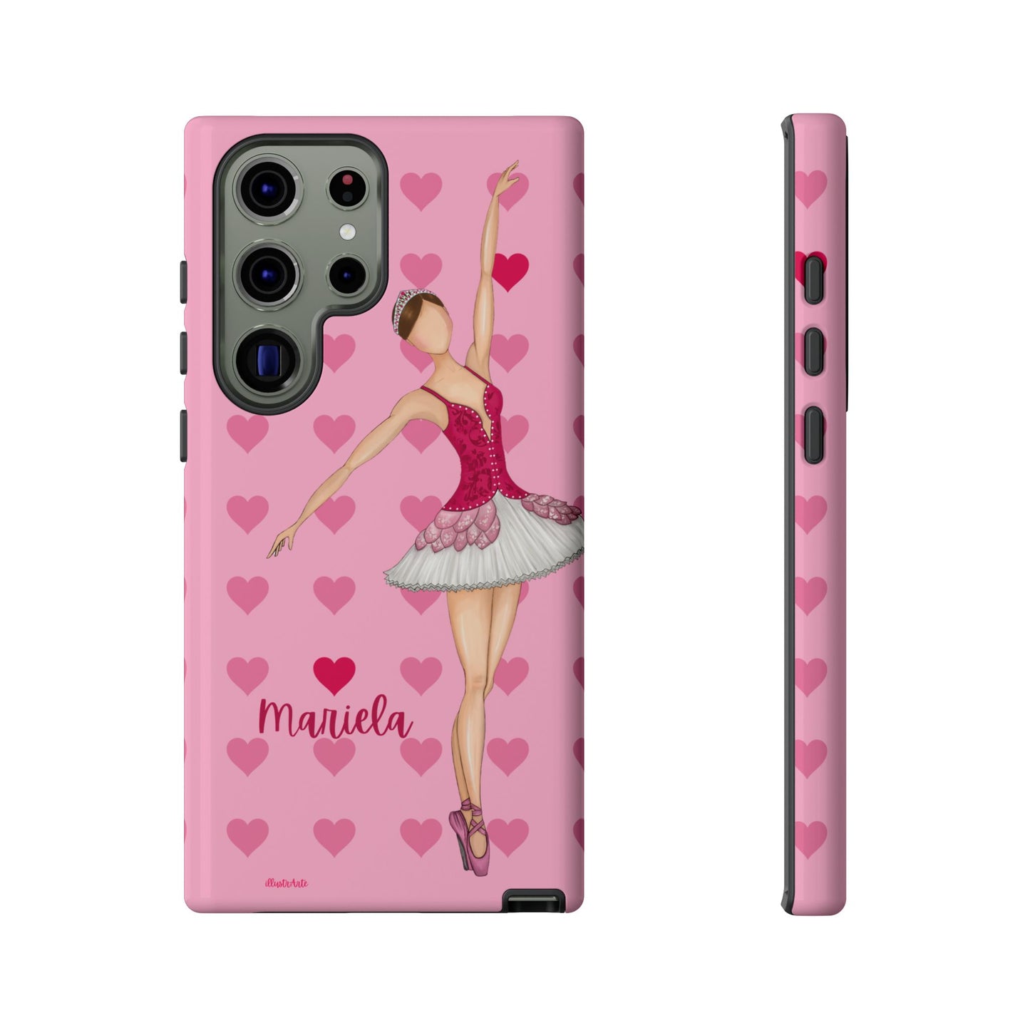 una funda de teléfono rosa con una imagen de una bailarina