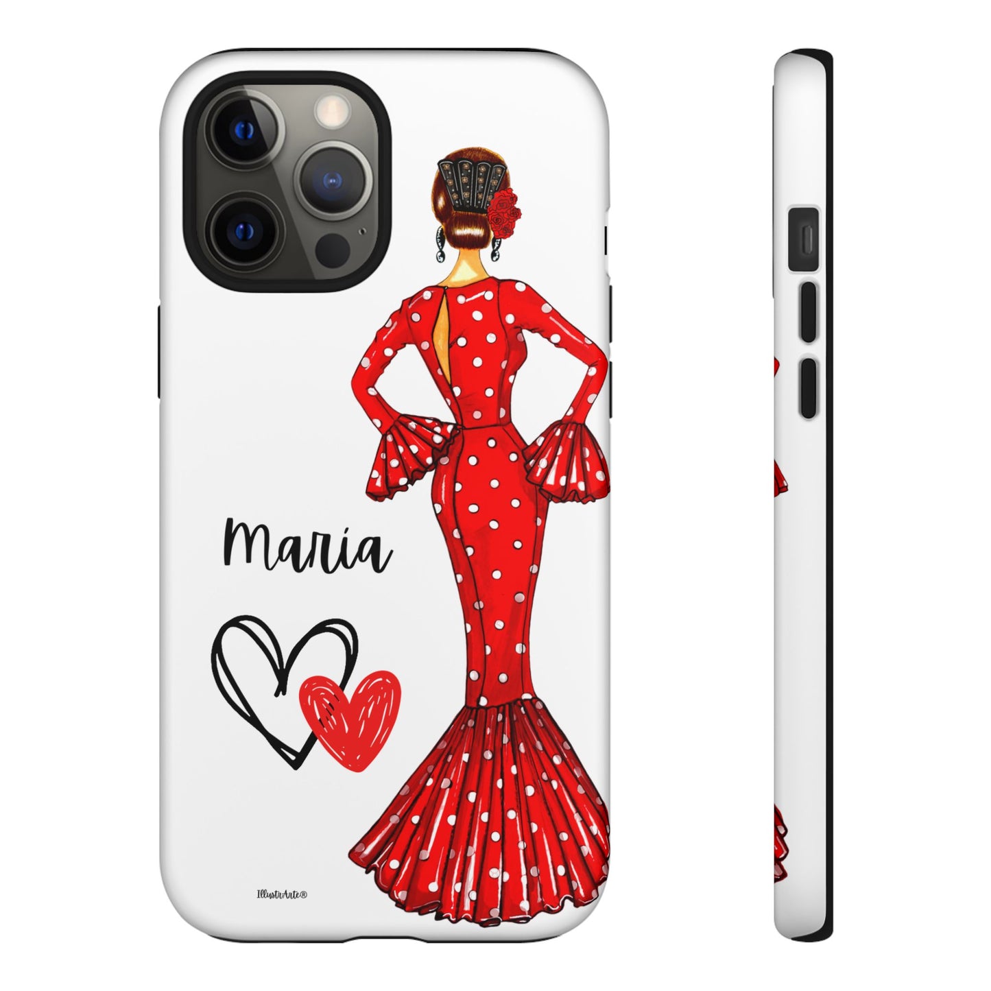 una funda de teléfono con una mujer en un vestido rojo