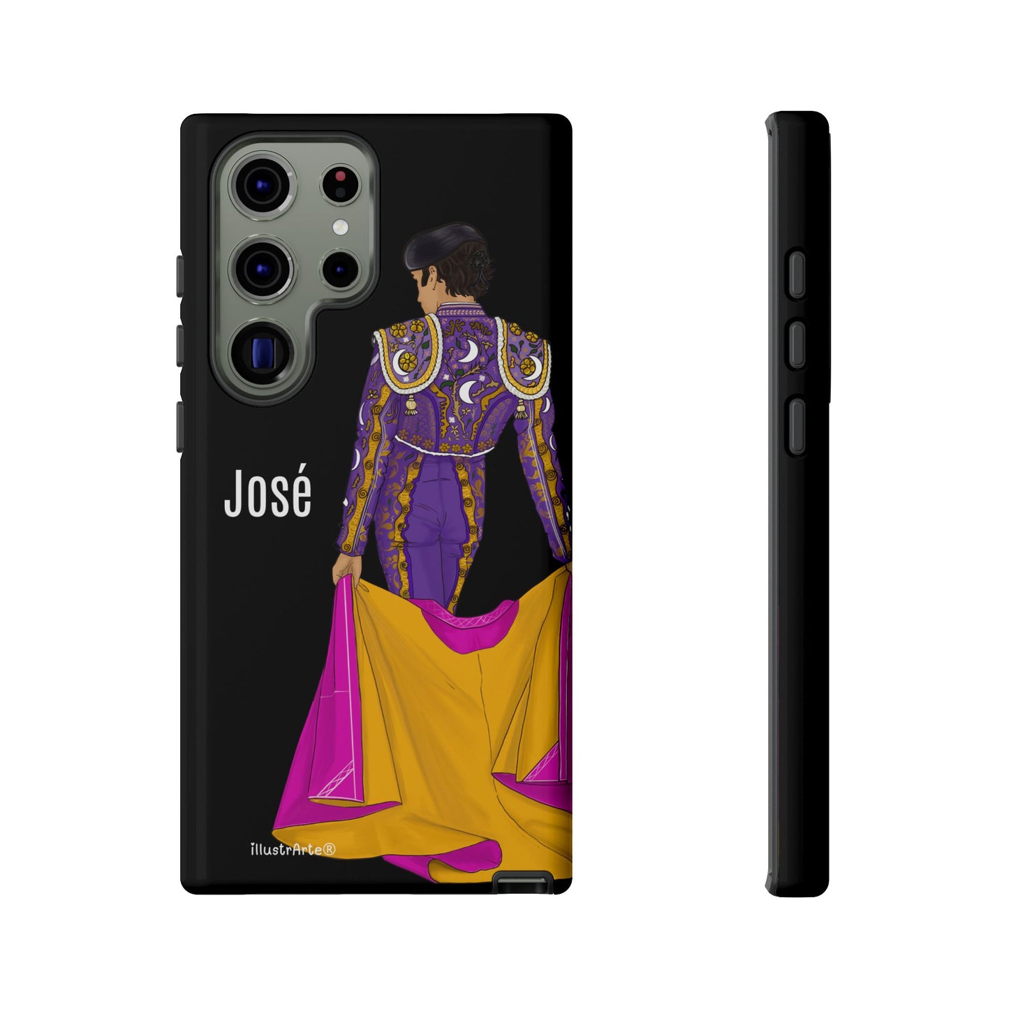 Personalized phone case featuring bullfighter José on a green background – for iPhone, Samsung, Pixel