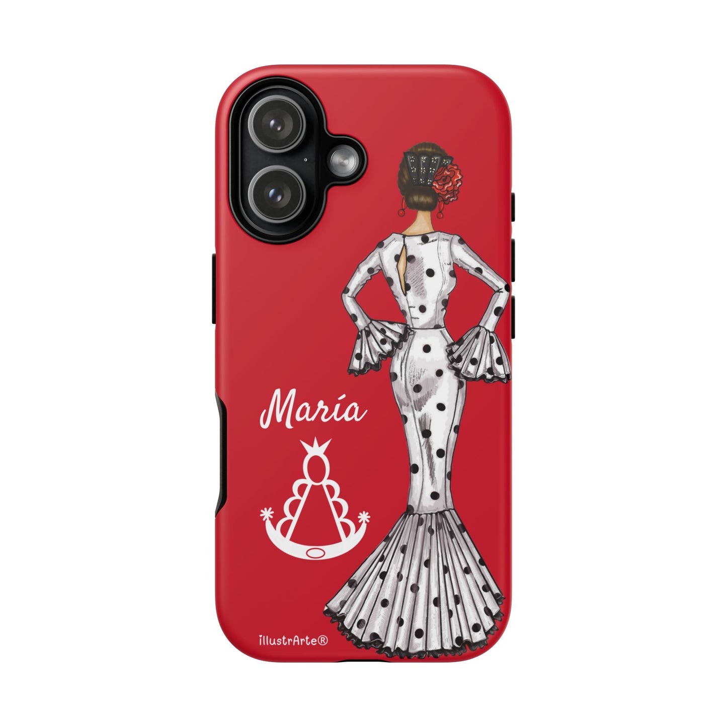 Capa de telefone personalizável com nome/bandeira/Virgem - modelo White Mary com Virgen del Rocío para iPhone, Samsung e Google Pixel