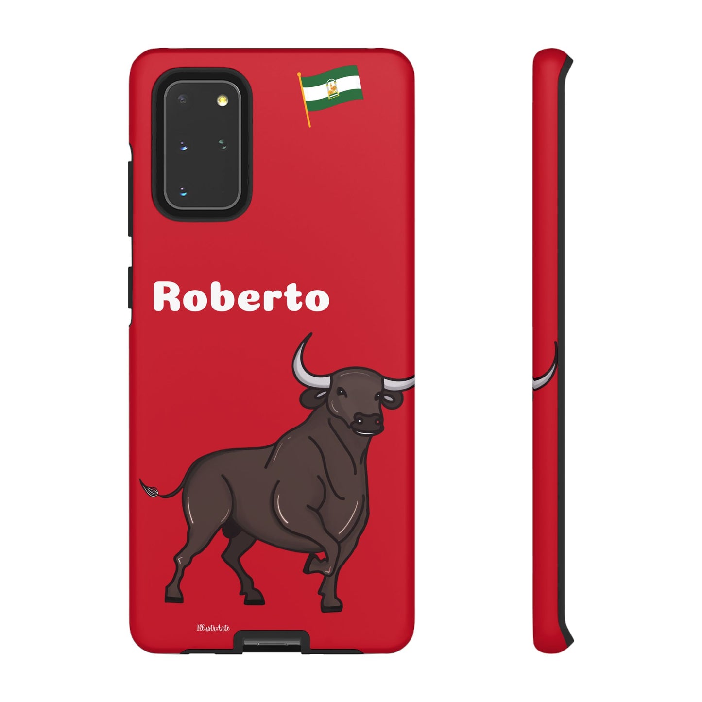 una funda de teléfono roja con un toro en ella