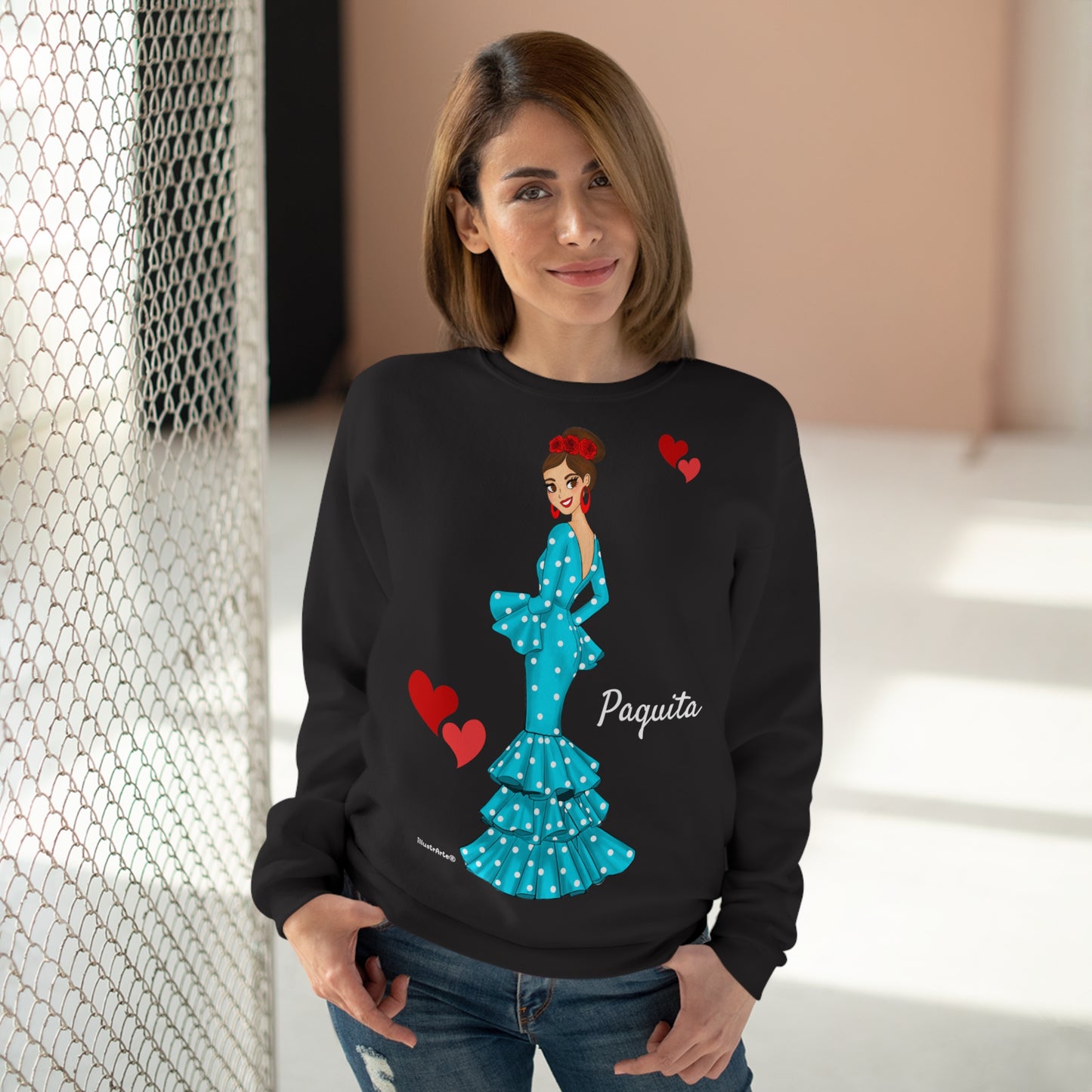 Sudadera Personalizable  - Flamenca Paquita, fondo negro - Arte, color y comodidad en una sola prenda