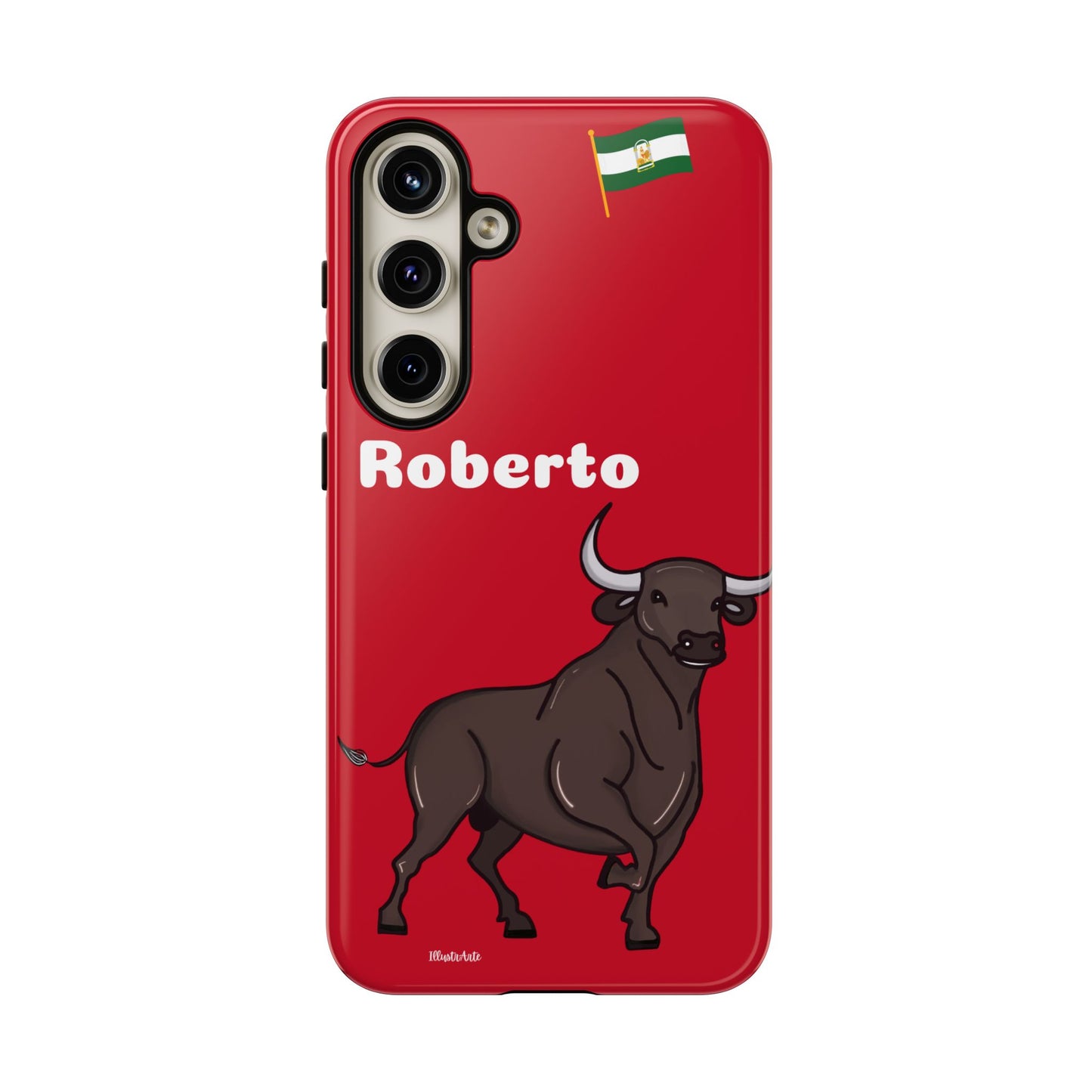 una funda de teléfono roja con un toro en ella